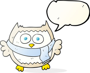 freehand drawn speech bubble cartoon owl wearing scarf