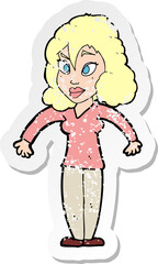 retro distressed sticker of a cartoon woman shrugging shoulders