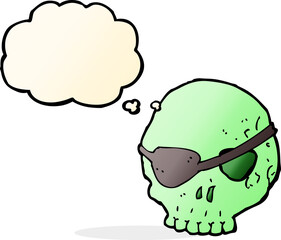 cartoon skull with eye patch with thought bubble
