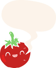 cute cartoon tomato with speech bubble in retro style