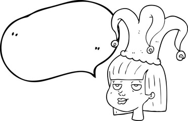 freehand drawn speech bubble cartoon female face with jester hat