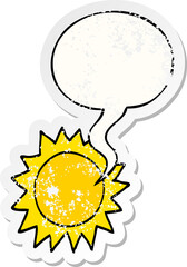 cartoon sun with speech bubble distressed distressed old sticker