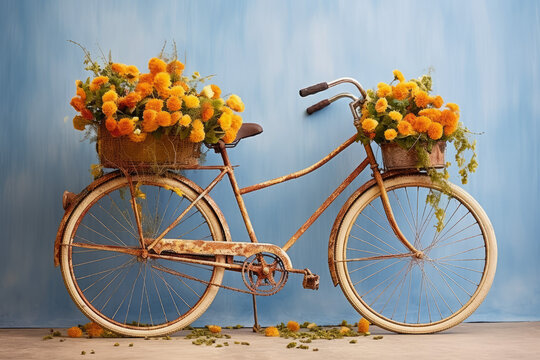 Classic vintage garden bicycle filled with flower, created with Generative AI Technology