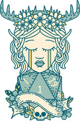Retro Tattoo Style crying elf druid character face with natural one D20 dice roll
