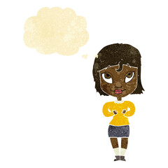 cartoon woman gesturing at self with thought bubble