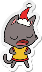 talking cat hand drawn sticker cartoon of a wearing santa hat