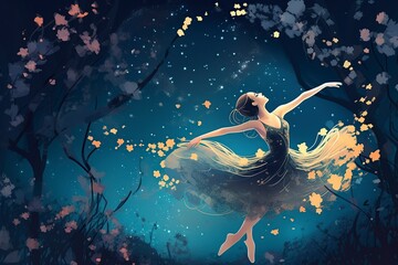 illustration, ballerina dancing with fireflies, ai generative - obrazy, fototapety, plakaty