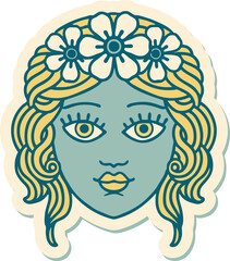 sticker of tattoo in traditional style of female face with crown of flowers