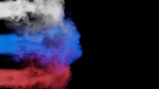 Puffs of multi-colored smoke move from left to right on a black background. Flag of the Russian Federation. 3d illustration.