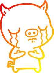 warm gradient line drawing of a cartoon pig crying