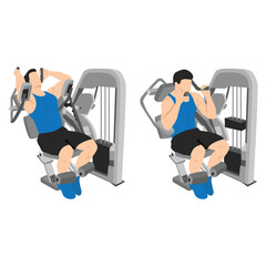 Young man exercise with abs muscles on press machine, Man working out with ab crunch machine. Flat vector illustration isolated on white background - obrazy, fototapety, plakaty