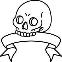 traditional black linework tattoo with banner of a skull