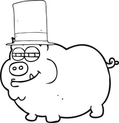 freehand drawn black and white cartoon rich pig