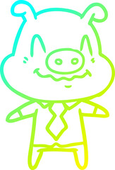 cold gradient line drawing of a nervous cartoon pig boss