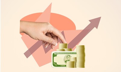 Creative collage photo of coin stack money