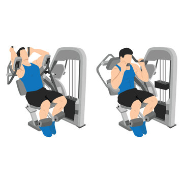 Young man exercise with abs muscles on press machine, Man working out with ab crunch machine. Flat vector illustration isolated on white background