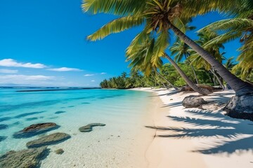 Tropical beach with white sand and palms. Paradise island. Traveling, vacation, beautiful nature, ocean, scenic background. Generative AI.