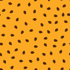 Vector Seamless Passion Fruit Pattern with Brown Seeds on Orange Background. Tropical Food Texture