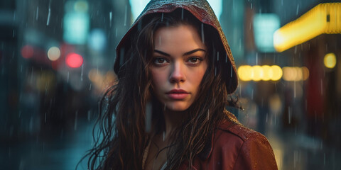 H&uuml;bsche Frau mit gutaussehendem Gesicht steht mit Depressionen im Regen auf der Stra&szlig;e mitten in der City, ai generativ