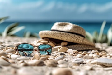 Fototapeta na wymiar Man's beach straw hat and sunglasses on the pebbled seaside. Generative AI.