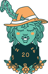 Retro Tattoo Style half orc bard with natural twenty dice roll