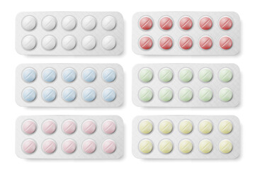 Vector Realistic Round Pharmaceutical Medical Pills, Vitamins, Capsule in Blister Set Closeup Isolated. Pills Design Template, Collection. Front, Top View. Medicine, Health Concept