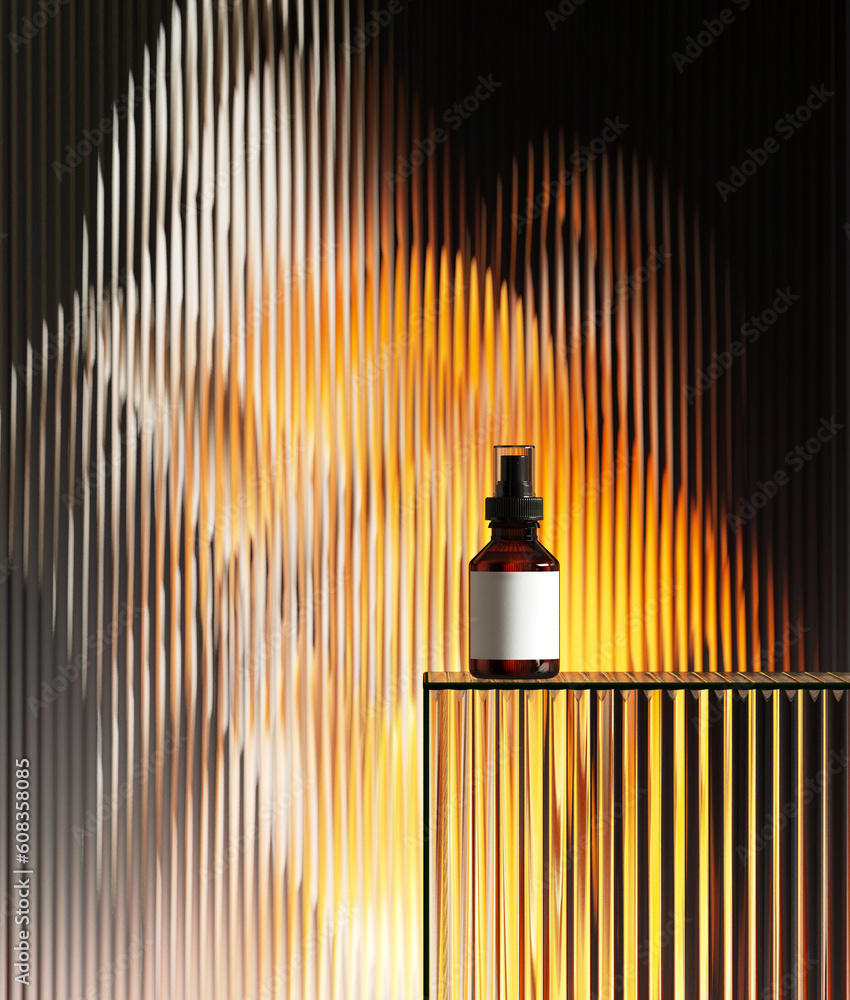 Poster minimal style mockup for product presentation. ribbed glass podium on flare light background. 3d ren