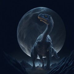 A cinematic chiaroscuro masterpiece of a howling dinosaur in front of a full moon, with dramatic lighting and hyper-realistic details