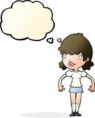 cartoon happy woman with thought bubble