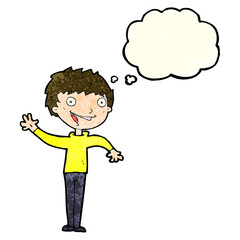 cartoon happy boy waving with thought bubble