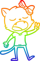 rainbow gradient line drawing of a cartoon yawning cat