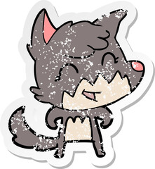 distressed sticker of a happy cartoon fox
