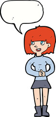 cartoon friendly woman with speech bubble