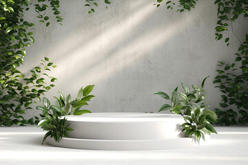 Marketing Brilliance: Cosmetic Products Display on Podium Amidst Lush Greenery. Generative Ai


