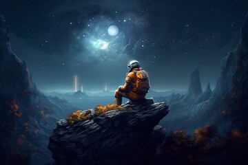 Naklejka na ściany i meble illustration, astronaut sitting on the edge of a cliff, ai generative