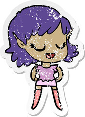 distressed sticker of a happy cartoon elf girl