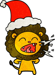 hand drawn textured cartoon of a roaring lion wearing santa hat