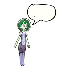 Obraz na płótnie Canvas freehand speech bubble textured cartoon alien space girl