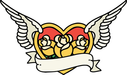 tattoo in traditional style of a flying heart with flowers and banner