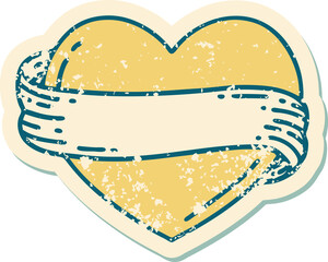 iconic distressed sticker tattoo style image of a heart and banner