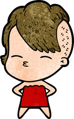 cartoon squinting girl in dress
