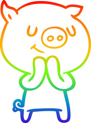 rainbow gradient line drawing of a happy cartoon pig