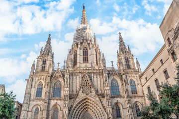 Gothic facade of Barcelona Cathedral close up, Spain. Reconstruction of the spire of the Roman Catholic Cathedral of the Holy Cross and Saint Eulalia