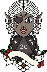 Retro Tattoo Style elf rogue character with natural twenty dice roll