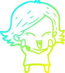 cold gradient line drawing of a happy cartoon girl