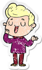 distressed sticker of a happy cartoon man