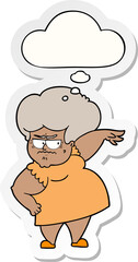 cartoon angry old woman with thought bubble as a printed sticker