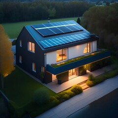 Aerial view single family house with solar panels at night, sustainability concept | Made using Generative AI