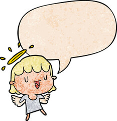 cute cartoon angel with speech bubble in retro texture style