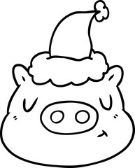 hand drawn line drawing of a pig face wearing santa hat